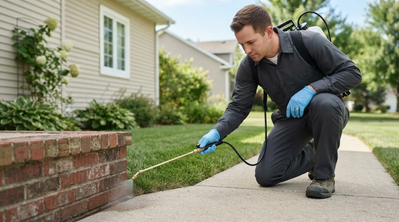 Pest control technician treating a home near Lockridge, IA