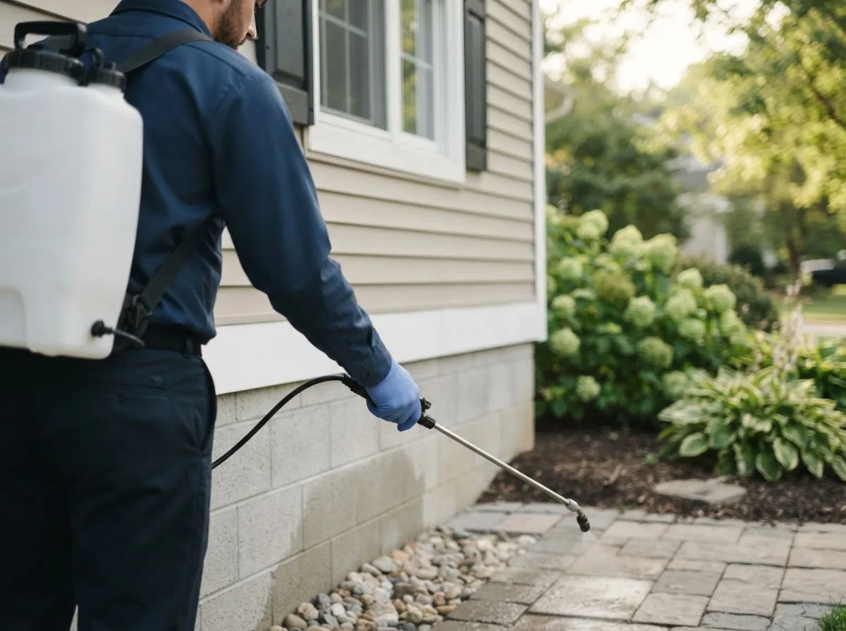 Pest control technician inspecting a home in Lockridge, IA